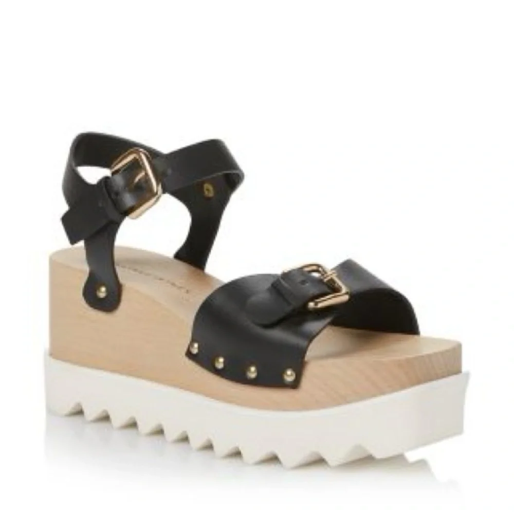 Stella McCartney Black White Elyse Wedge Wood Platform Buckle Sandals